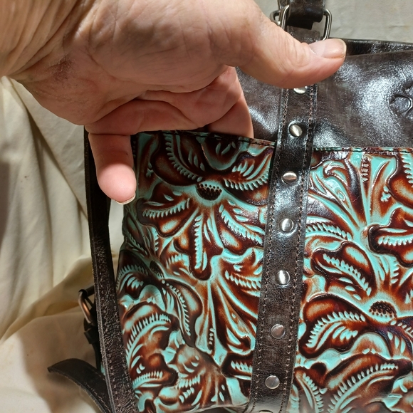 Brown and Green Embossed All Leather Patricia Nash Tote - Picture 7 of 16